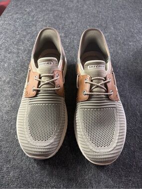Skechers Men's Slip-On Knit Loafers in Taupe and Brown Delson 3.0